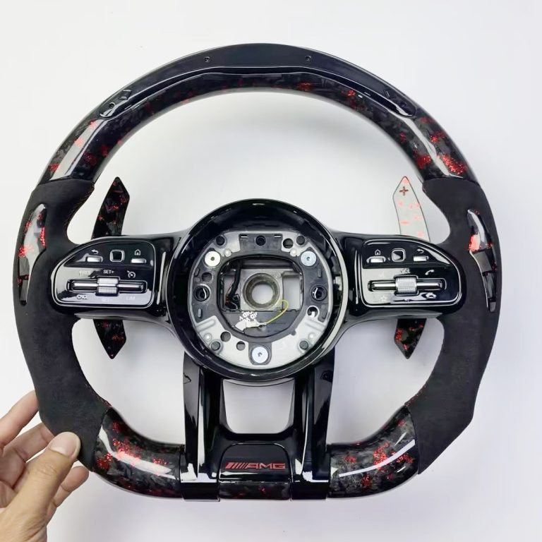 Mercedes-Benz steering wheel with red forged carbon, black Alcantara, LED display and red carbon paddles