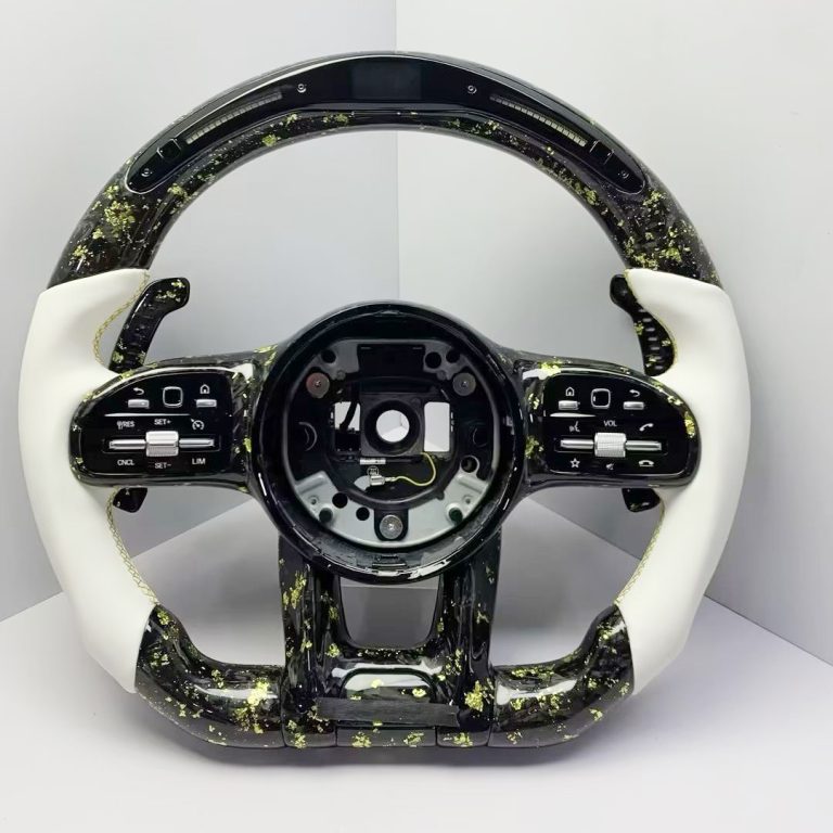 Mercedes-Benz steering wheel with gold forged carbon, white Nappa leather, LED display and gold paddles