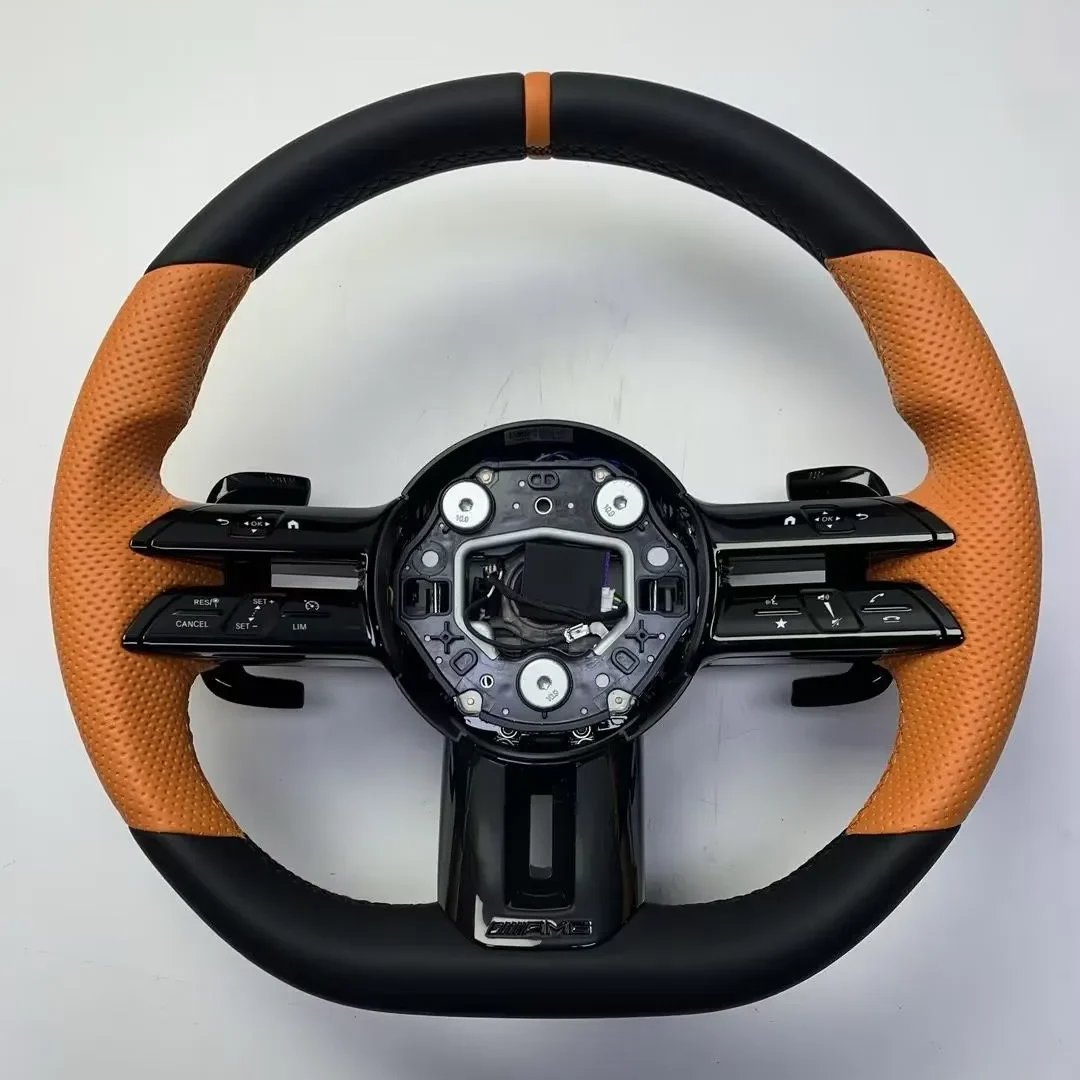 Mercedes-Benz steering wheel with orange Nappa leather, black leather, orange center stripe and AMG badge